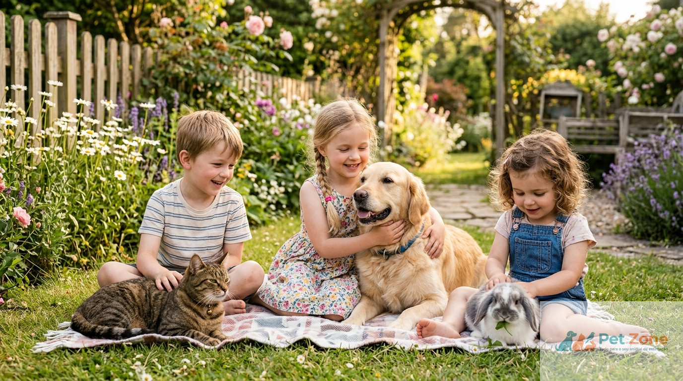 crianca a brincar com animais de estimacao em casa com a familia