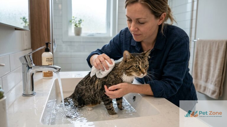 tutor a dar banho a gato com toalha e champo proprio para felinos