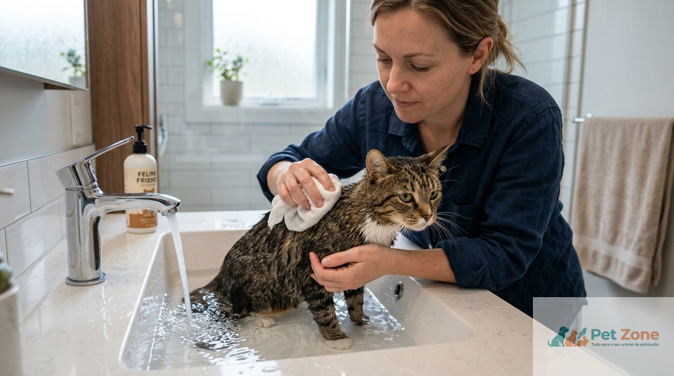 tutor a dar banho a gato com toalha e champo proprio para felinos
