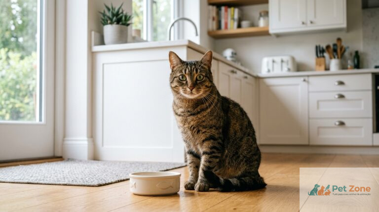 Gato miando junto à tigela vazia sobre o gato pede comida constantemente