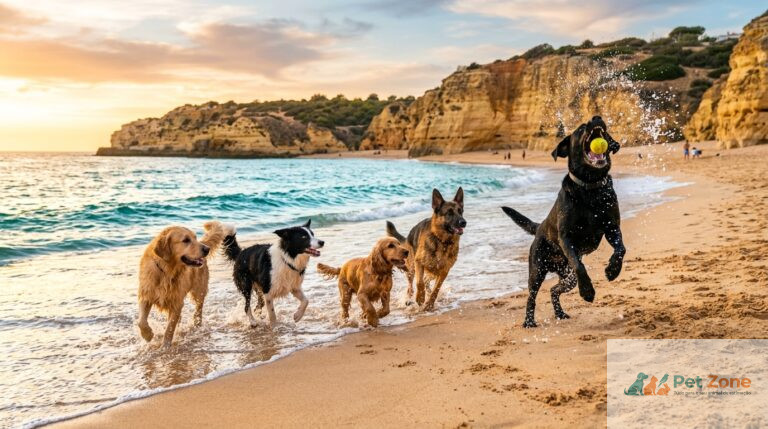 cao a correr na areia de uma praia pet-friendly em portugal durante o verao
