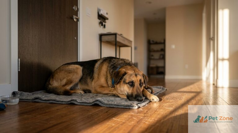 Cão a olhar para a porta fechada sobre deixar o cão sozinho várias horas