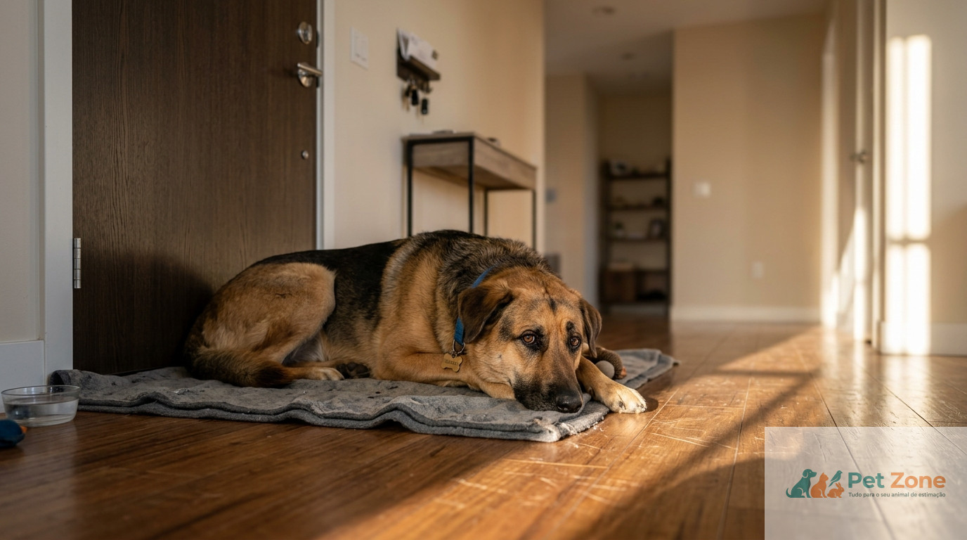 Cão a olhar para a porta fechada sobre deixar o cão sozinho várias horas