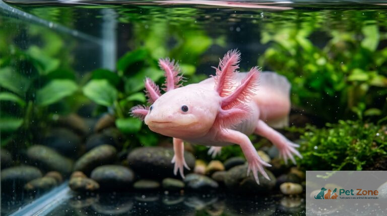 Axolote leucístico em aquário sobre axolote como cuidar em casa