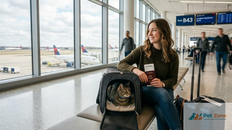 Cão dentro de transportadora homologada para viagens de avião com animais no aeroporto