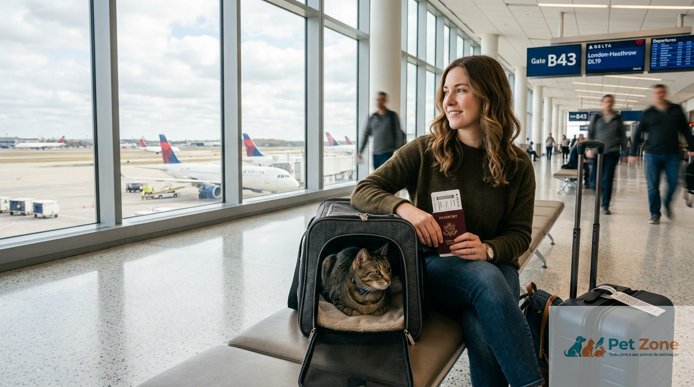Cão dentro de transportadora homologada para viagens de avião com animais no aeroporto