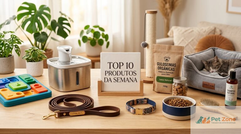Conjunto de acessórios e produtos recomendados para cuidados e bem-estar de animais de estimação