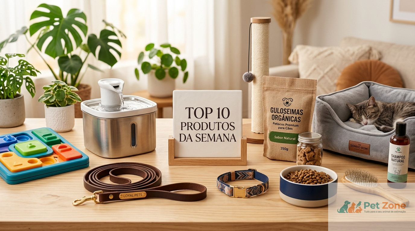 Conjunto de acessórios e produtos recomendados para cuidados e bem-estar de animais de estimação